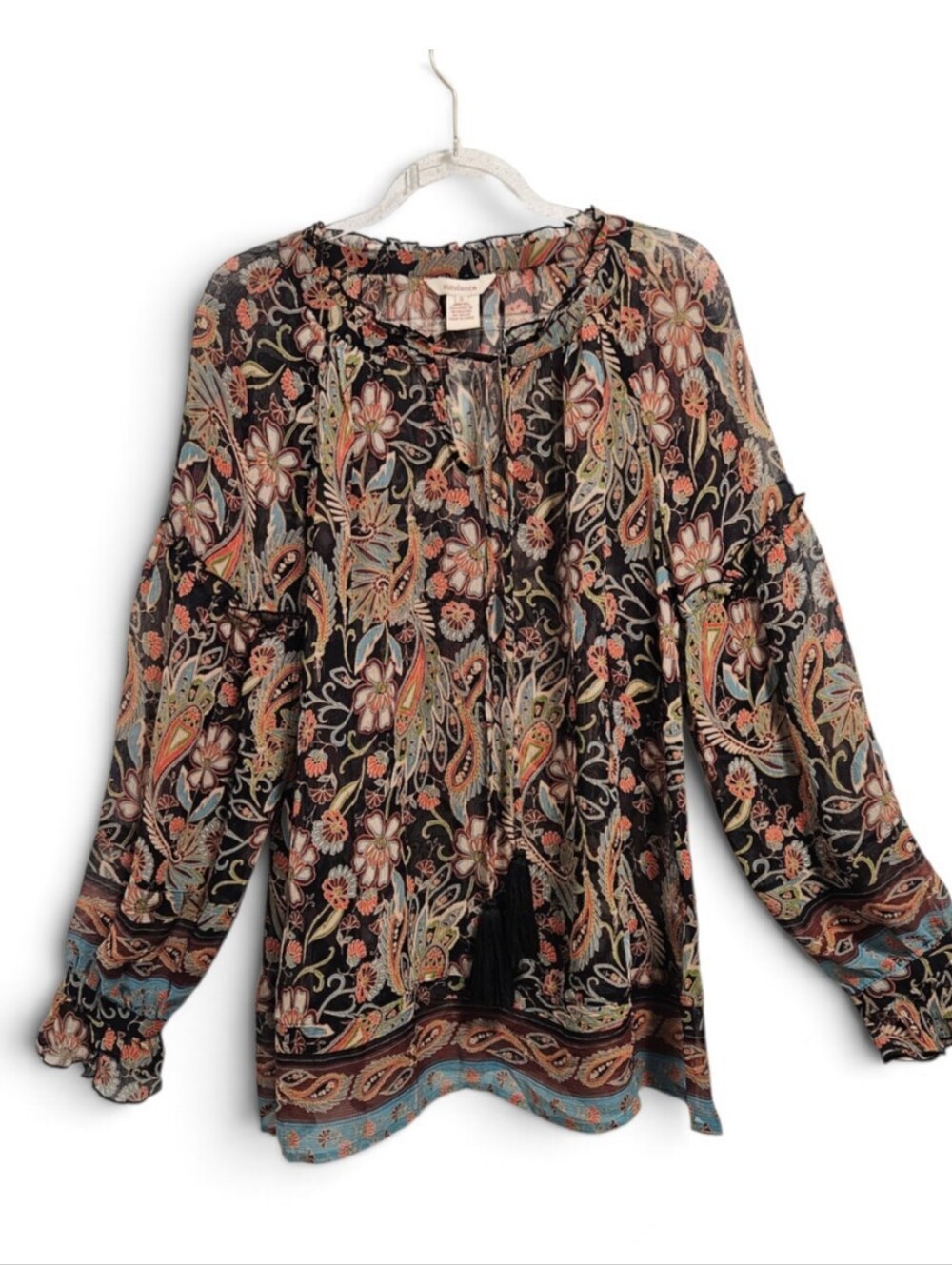 Sundance Silk Paisley Boho Peasant Blouse Tassel Tie Neck M